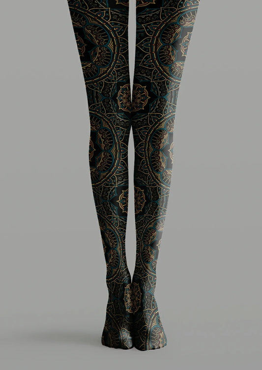 Black printed tights with blue and bronze mandala medallions, concentric rings, pointed sections and fine dotted details.