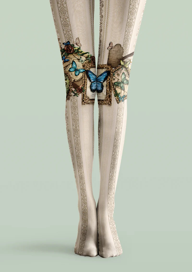Ivory printed tights with blue butterflies, brown roses, antique-style frames, and beige ornamental vertical borders.