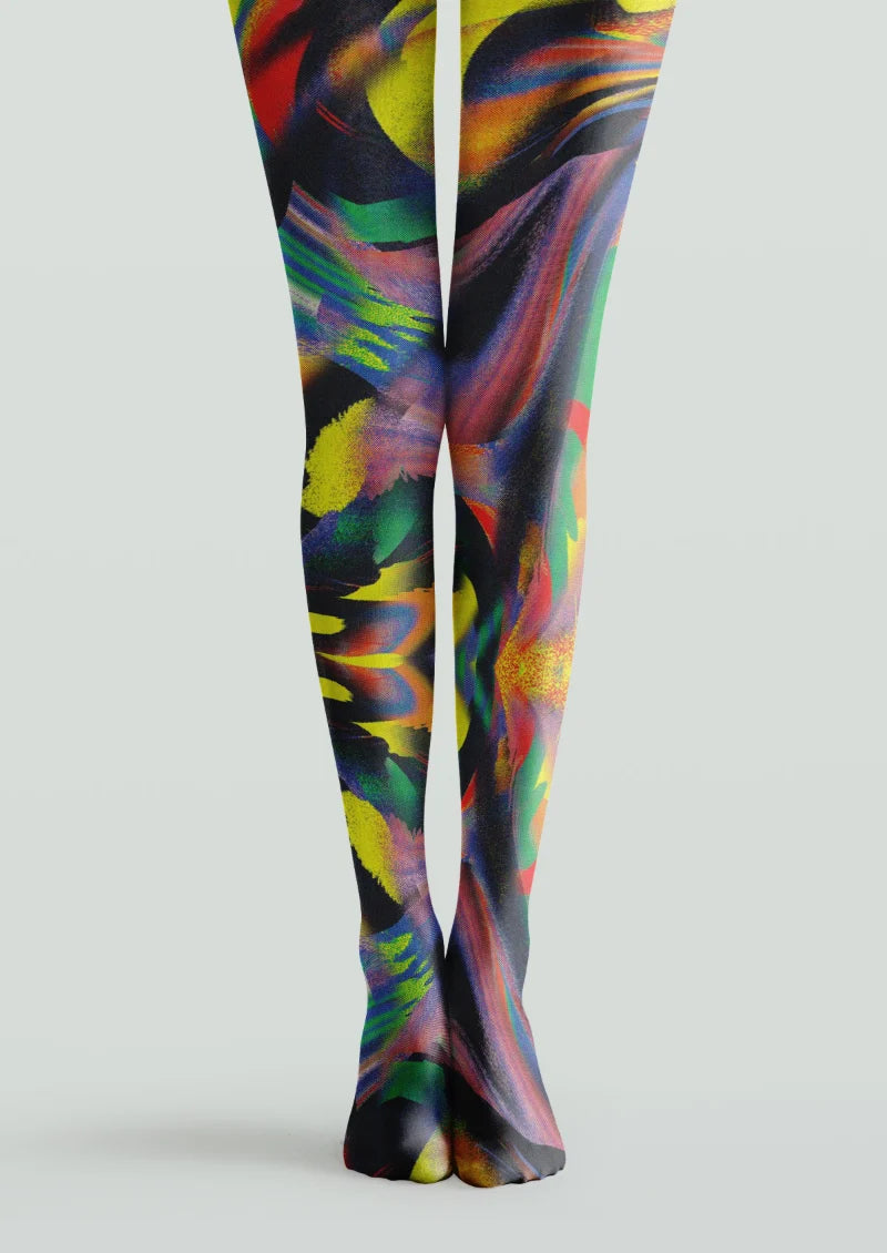 Black tights with abstract purple and pink brushstrokes, yellow accents, and green, red, and orange details