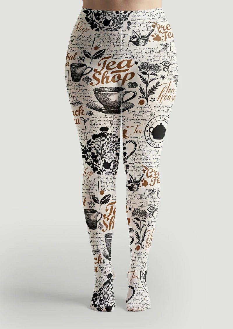 Vintage Tea Script Graphic Tights Hosiery Pantyhose