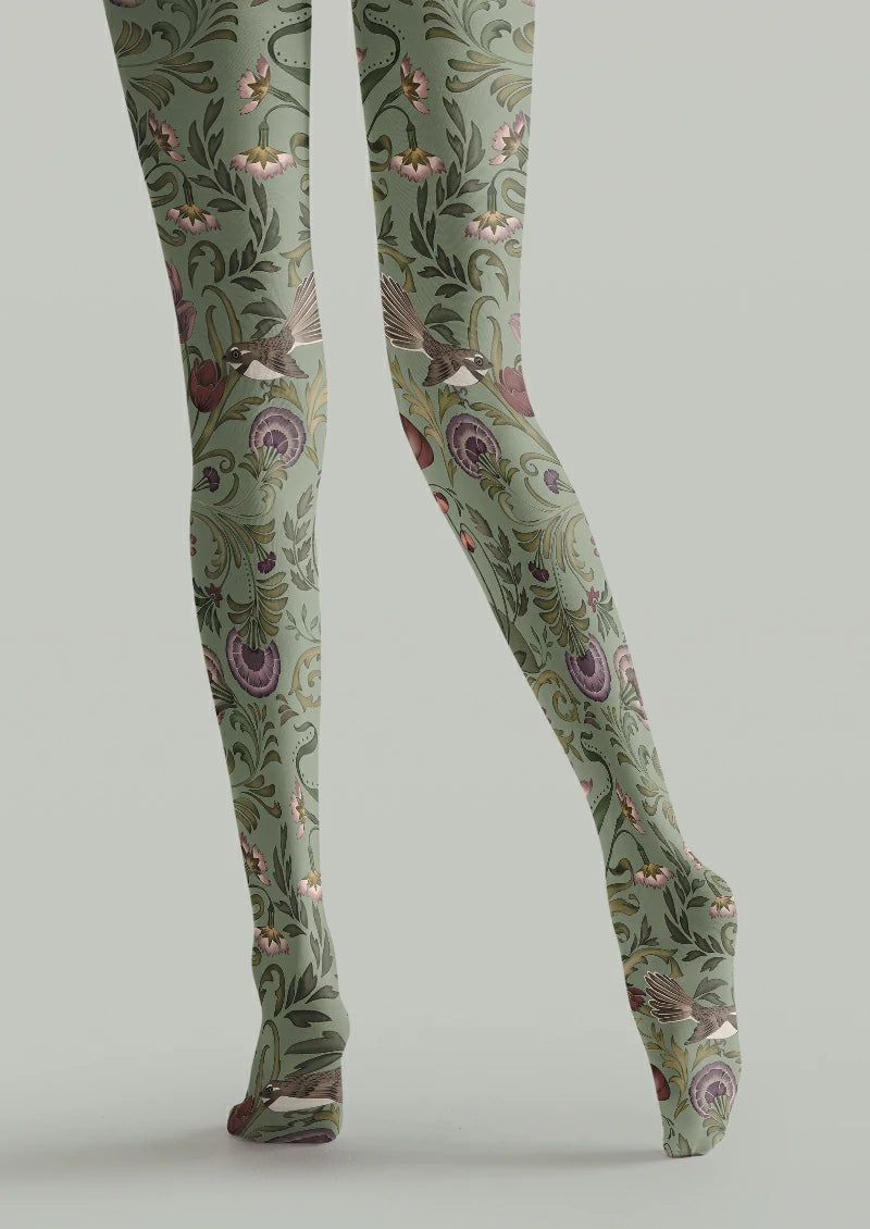 Green Bird and Floral Tights