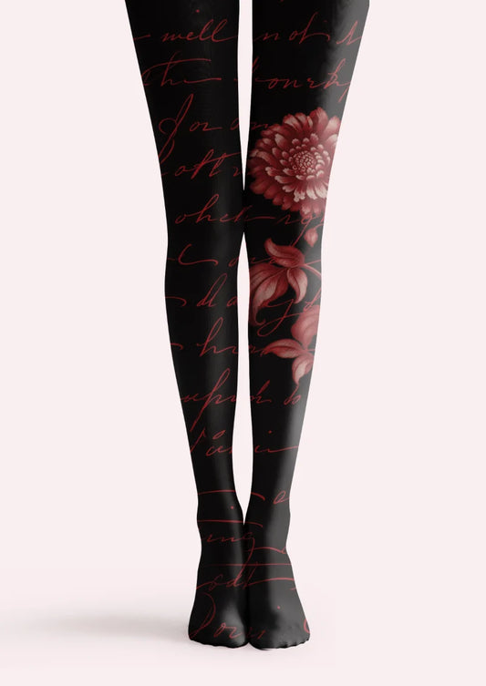 Black tights with burgundy cursive lettering and a large burgundy flower with leaves on one leg.