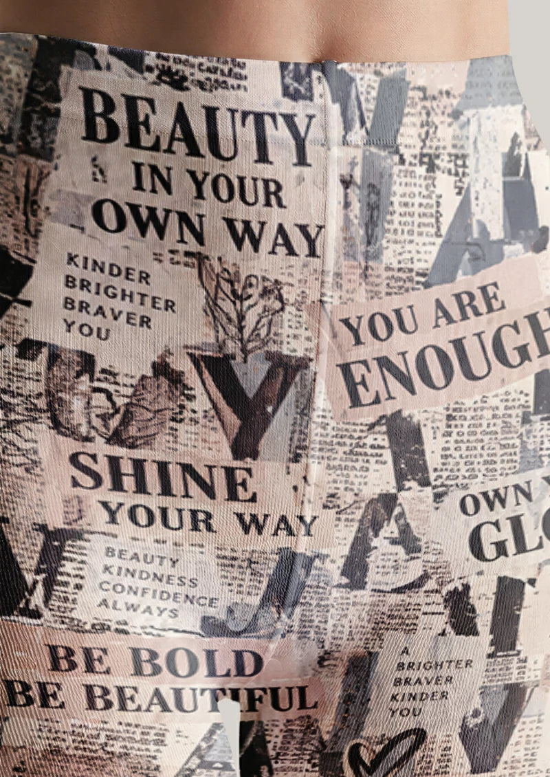 Beige Newspaper Collage Tights