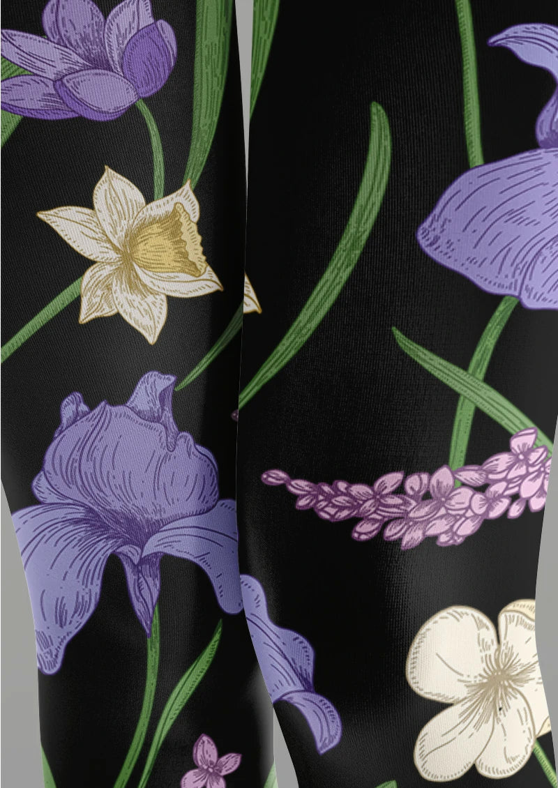 Black Iris Botanical Floral Tights Hosiery Pantyhose