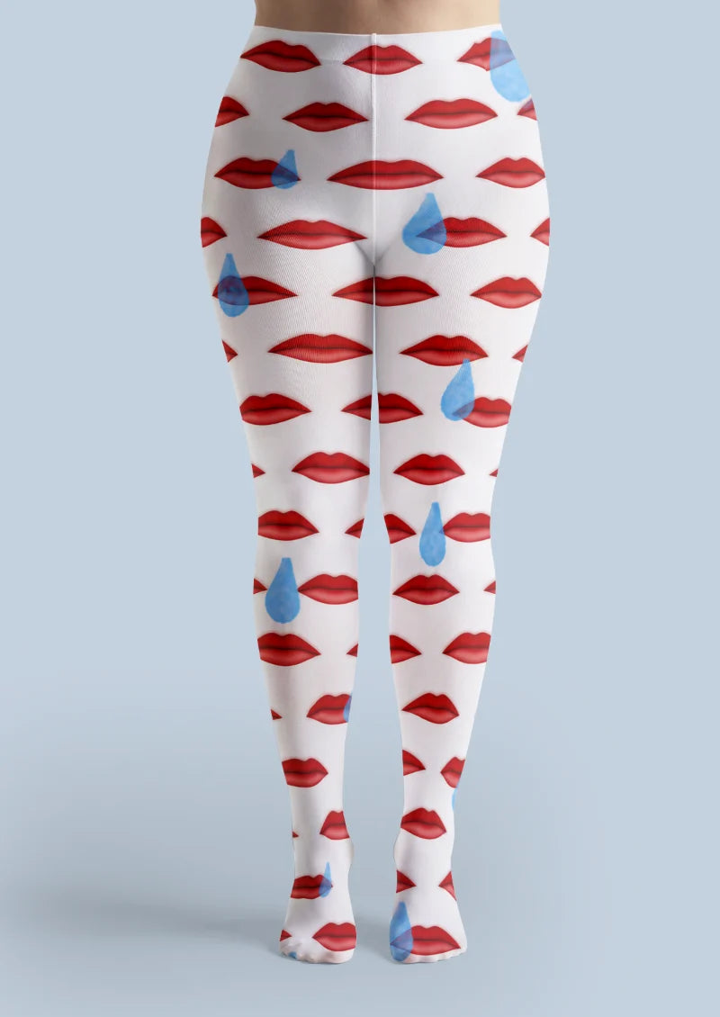 White Red Lip Print Tights