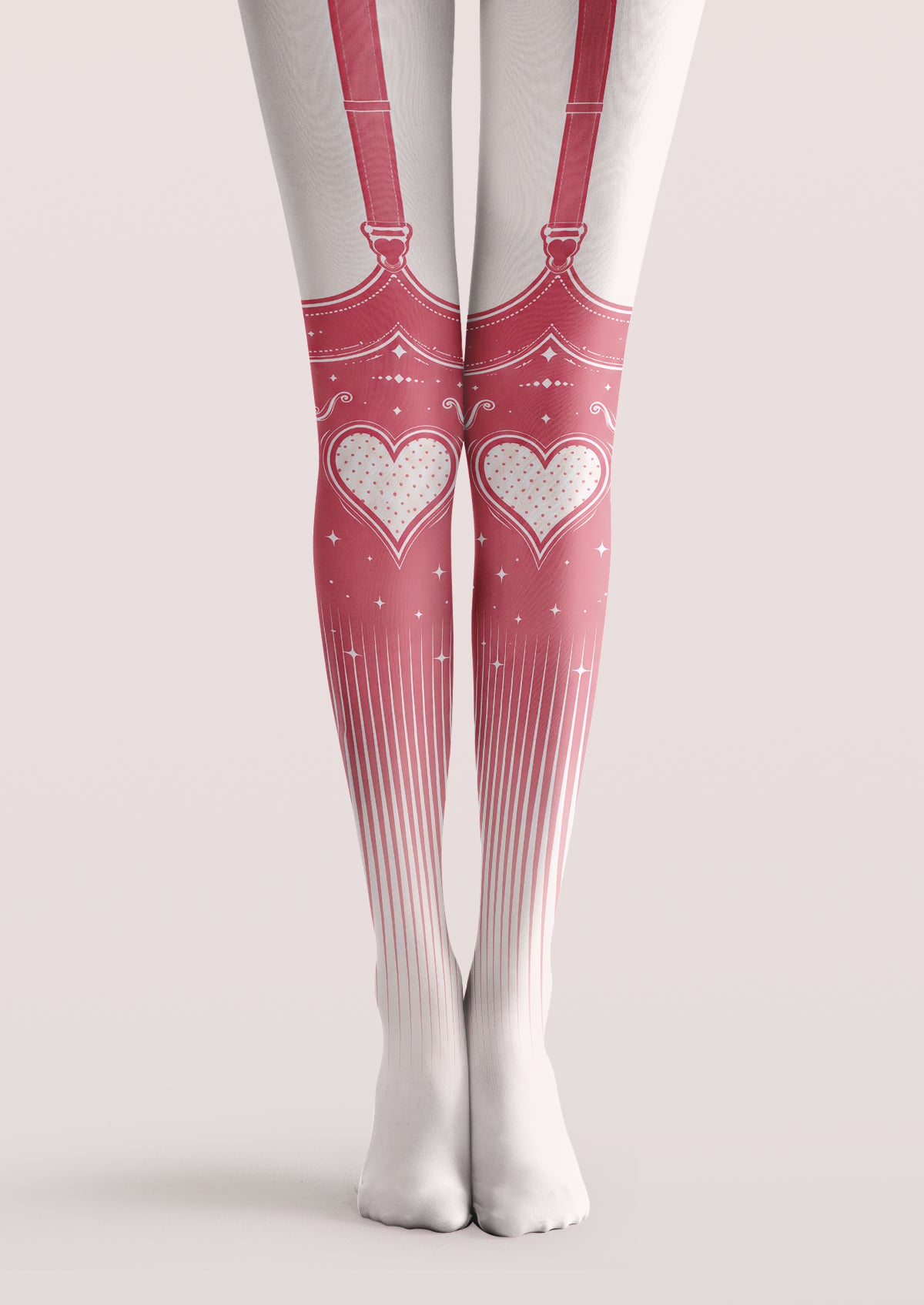 White printed tights with pink garter illustrations, ribbon bows, large hearts, star details, and fine vertical stripes.
