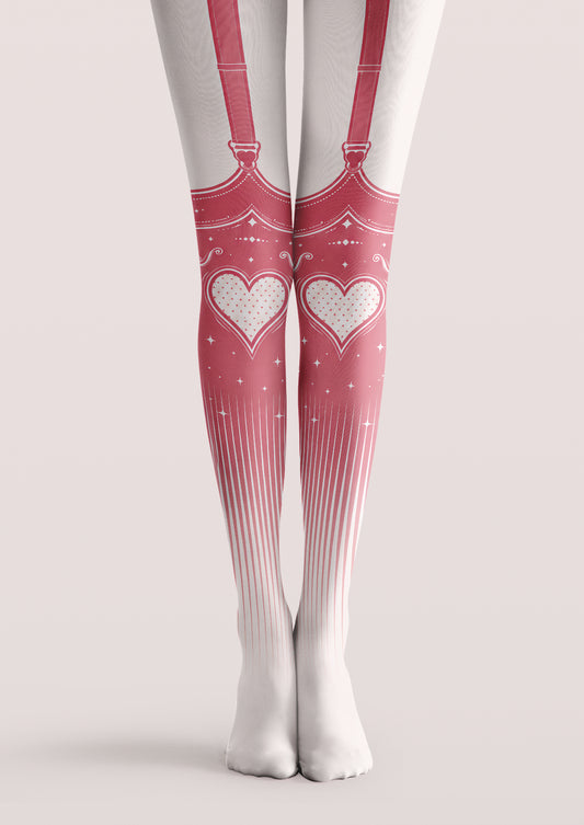White printed tights with pink garter illustrations, ribbon bows, large hearts, star details, and fine vertical stripes.
