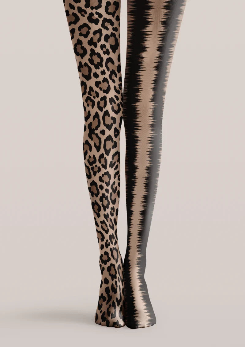 Beige, black and gray printed tights with leopard spots on one leg and zebra-like stripes on the other