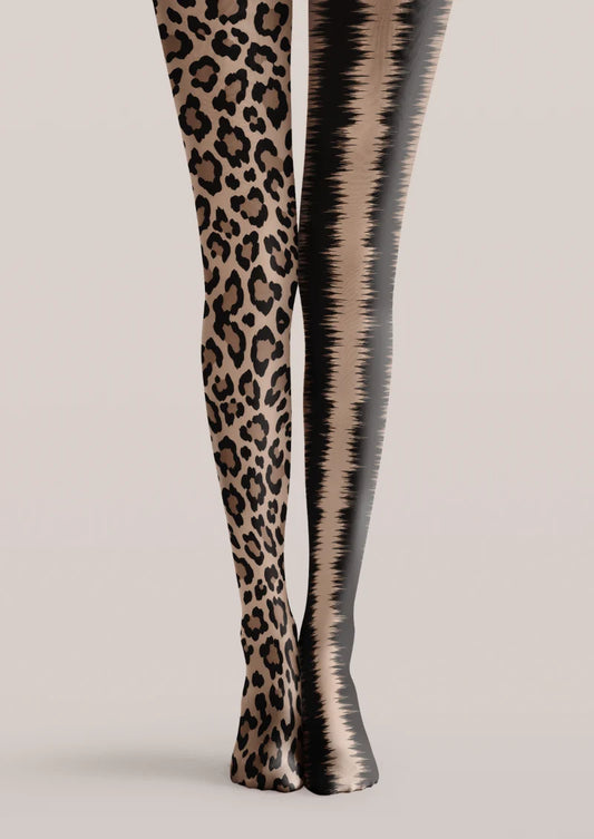 Beige, black and gray printed tights with leopard spots on one leg and zebra-like stripes on the other