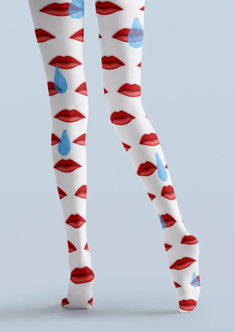 White Red Lip Print Tights