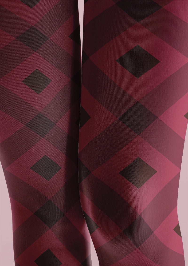 Burgundy Argyle Checkered Pattern Tights Hosiery Pantyhose