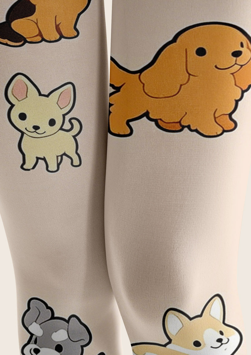 Beige Cartoon Puppy Print Tights Hosiery Pantyhose