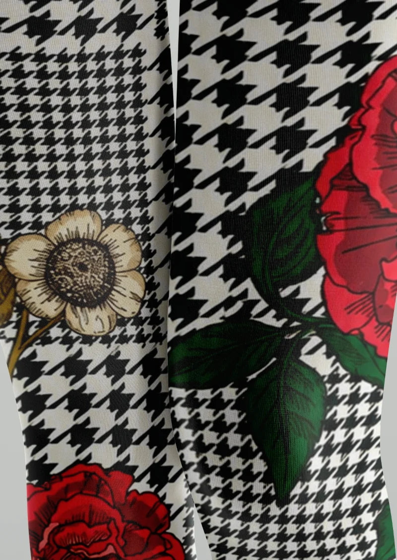 Black White Houndstooth Rose Tights