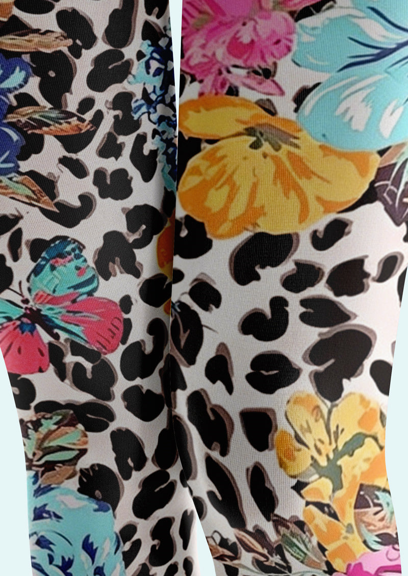 White Leopard Floral Print Tights Hosiery Pantyhose