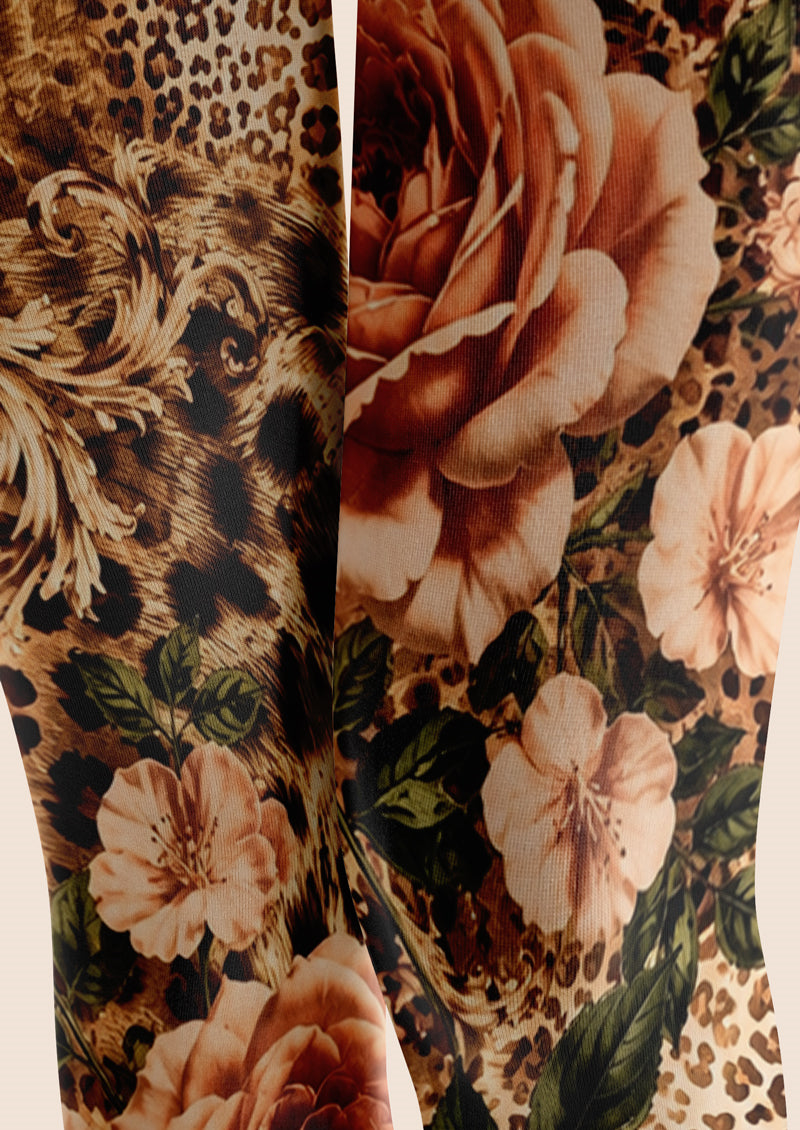 Brown Leopard Rose Floral Tights Hosiery Pantyhose