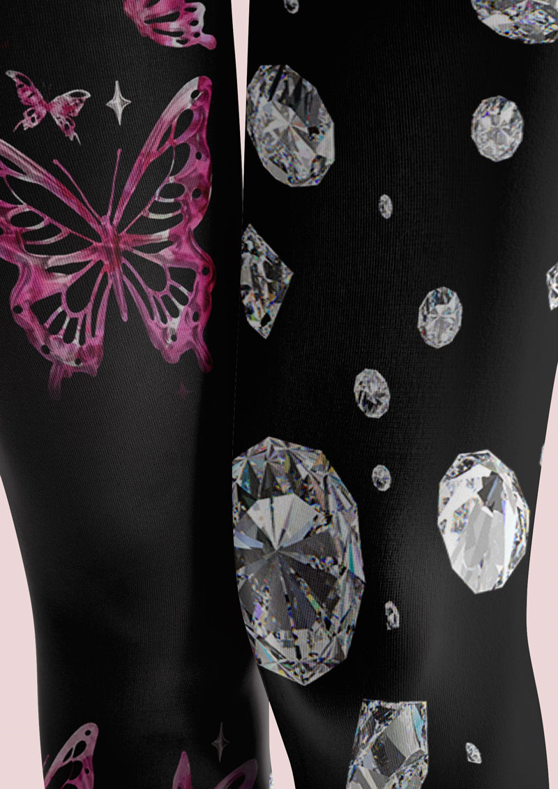 Black Butterfly & Diamond Asymmetric Print Tights Hosiery Pantyhose