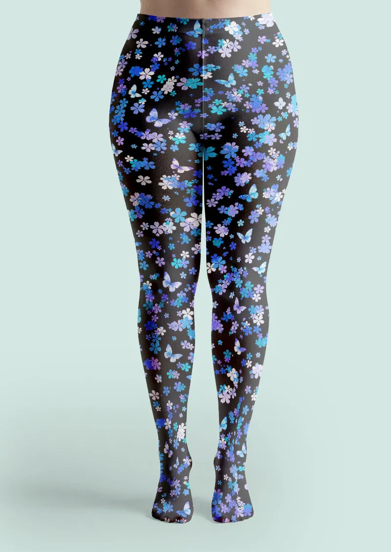 Black Blue Butterfly Floral Tights