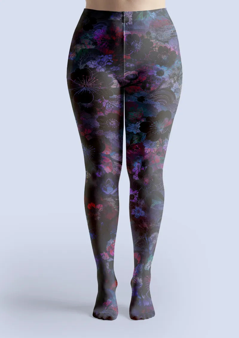 Black Purple Floral Collage Tights