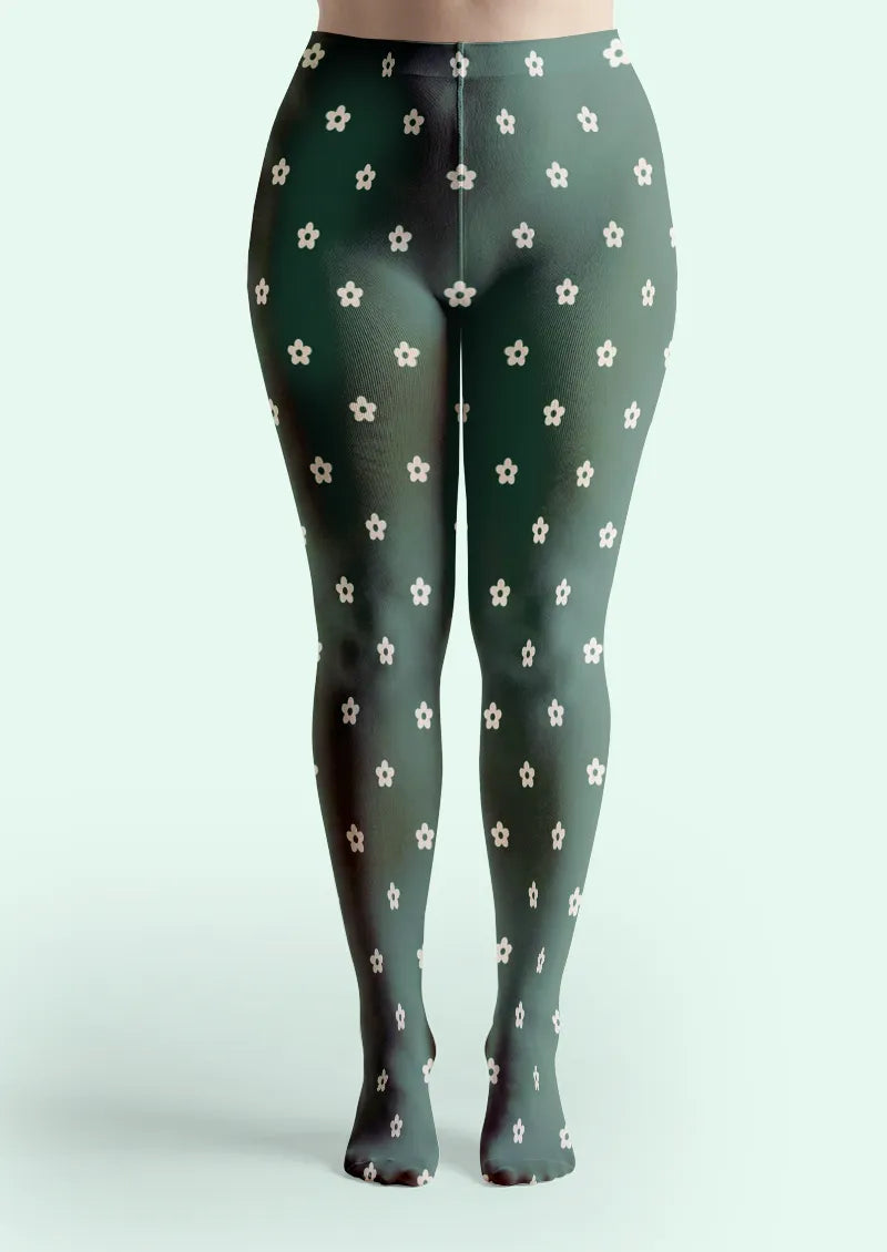 Green White Daisy Tights