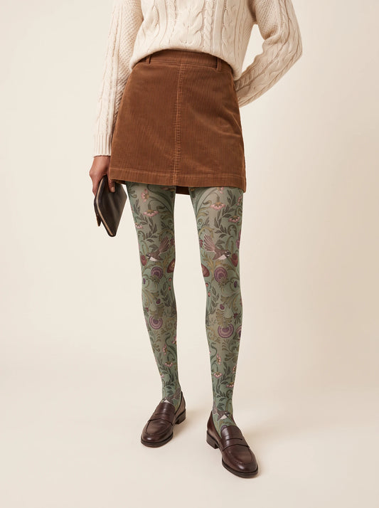 Green Bird and Floral Tights