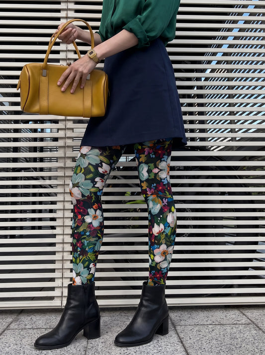 Black Painterly Floral Tights