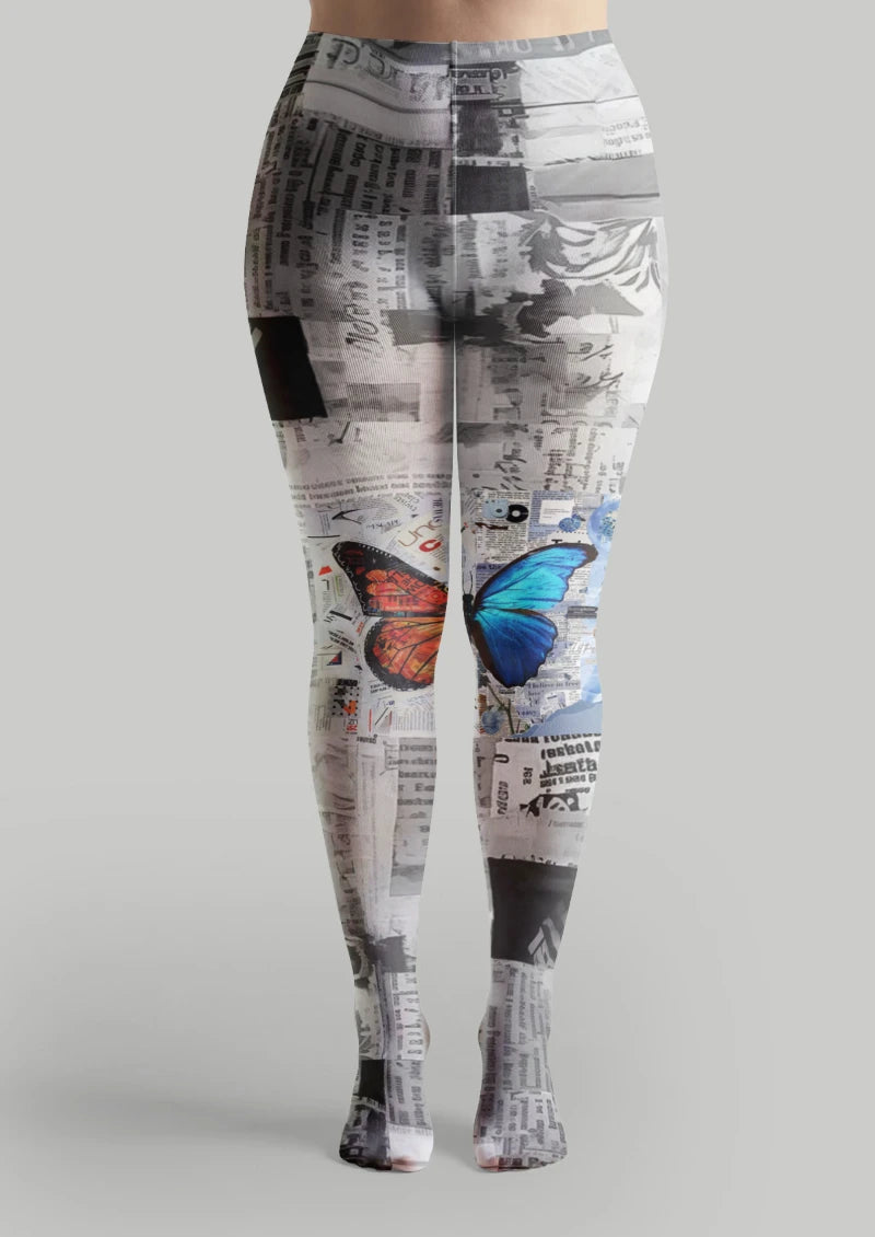 Gray Butterfly Newspaper Tights