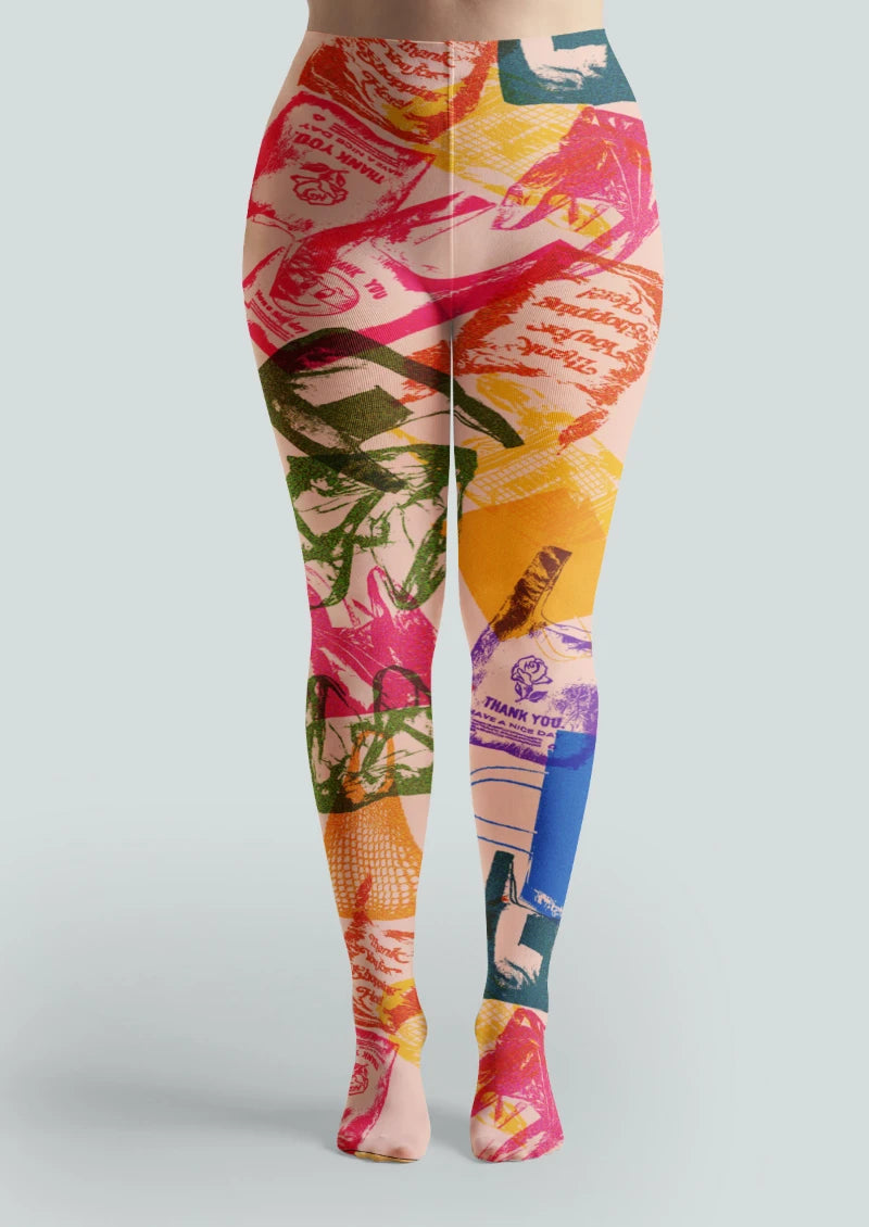 Beige Graphic Collage Tights