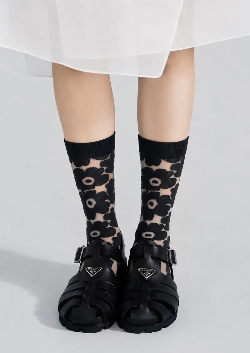 Sheer Floral Pattern Crew Socks