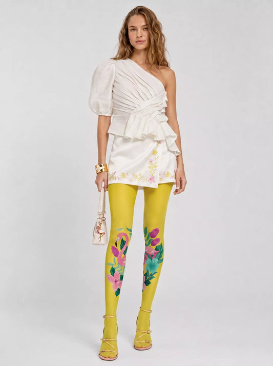 Flamingo Floral Print Tights Hosiery Pantyhose
