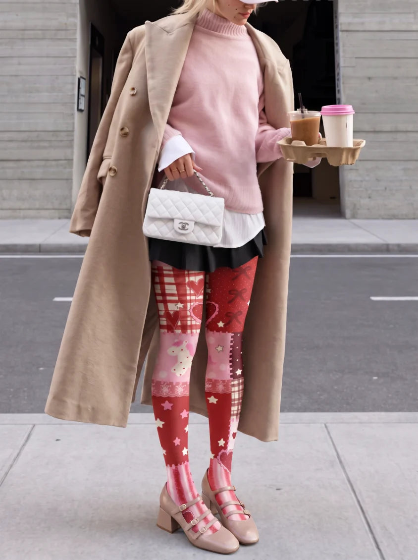 Brown Pink Floral Patchwork Tights