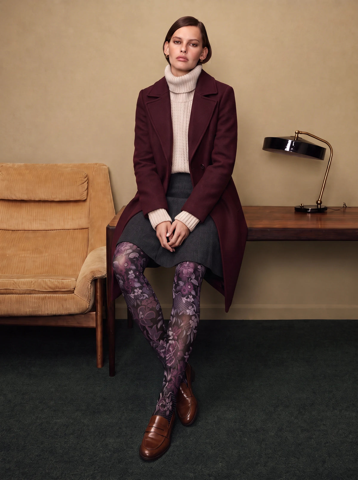 Black Purple Floral Lattice Tights