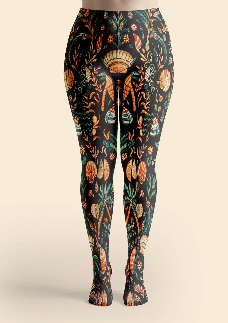 Black Seashell Botanical Print Tights Hosiery Pantyhose