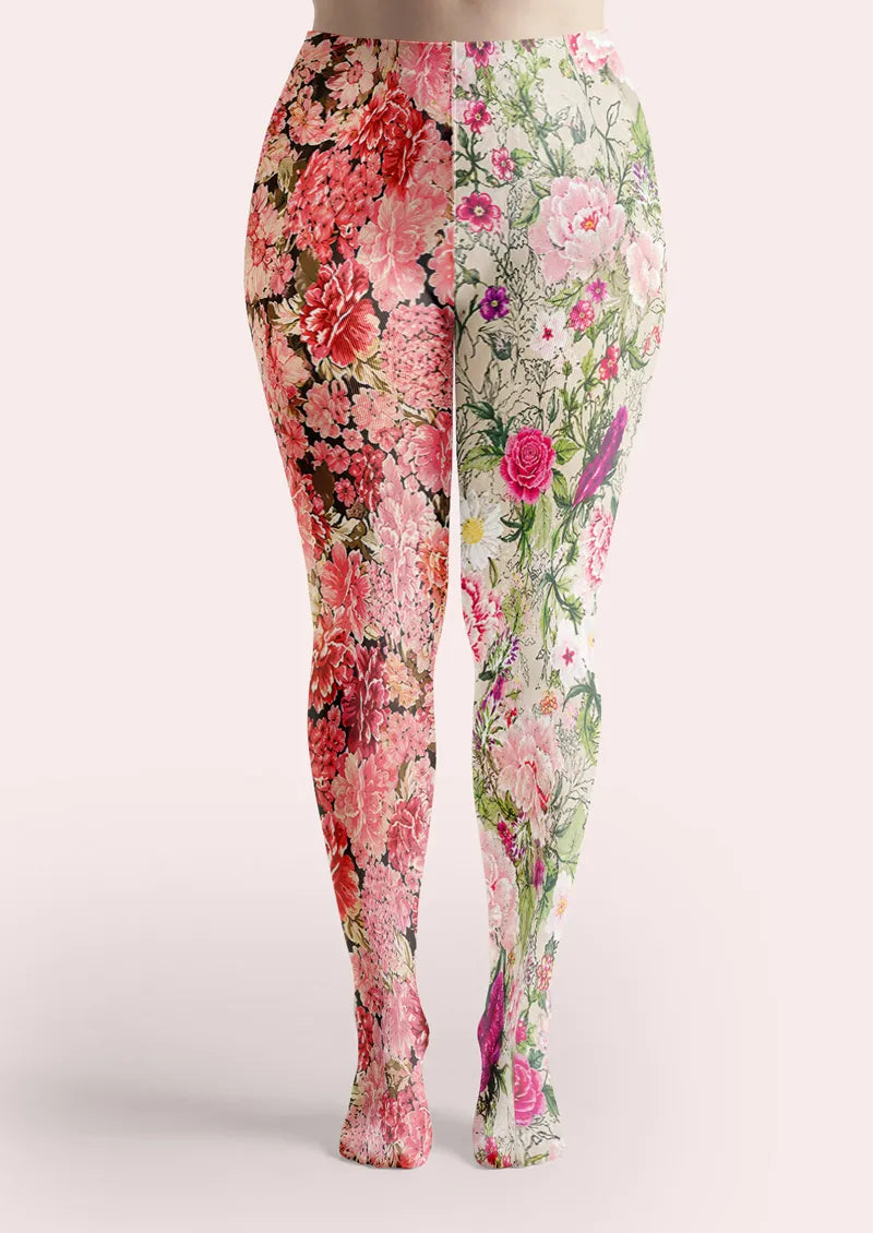 Two-Tone Split Peony and Botanical Floral Print Tights Hosiery Pantyhose