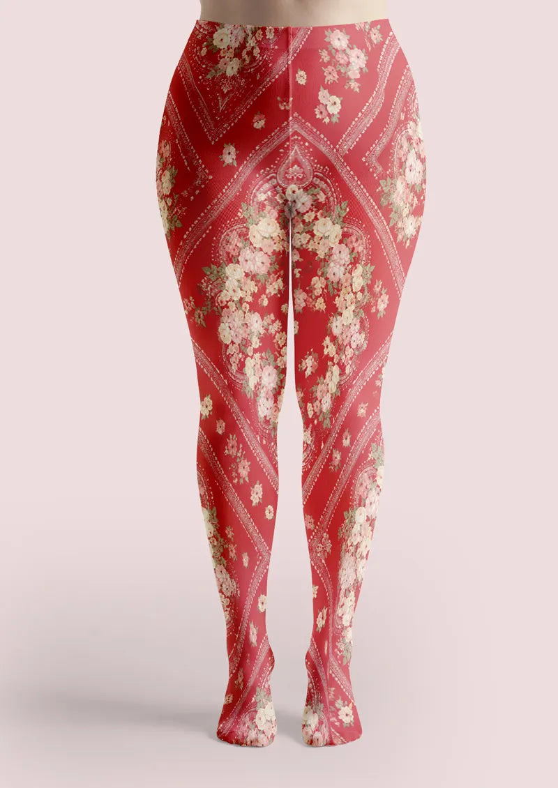 Red Rose Floral Scarf Print Tights Hosiery Pantyhose