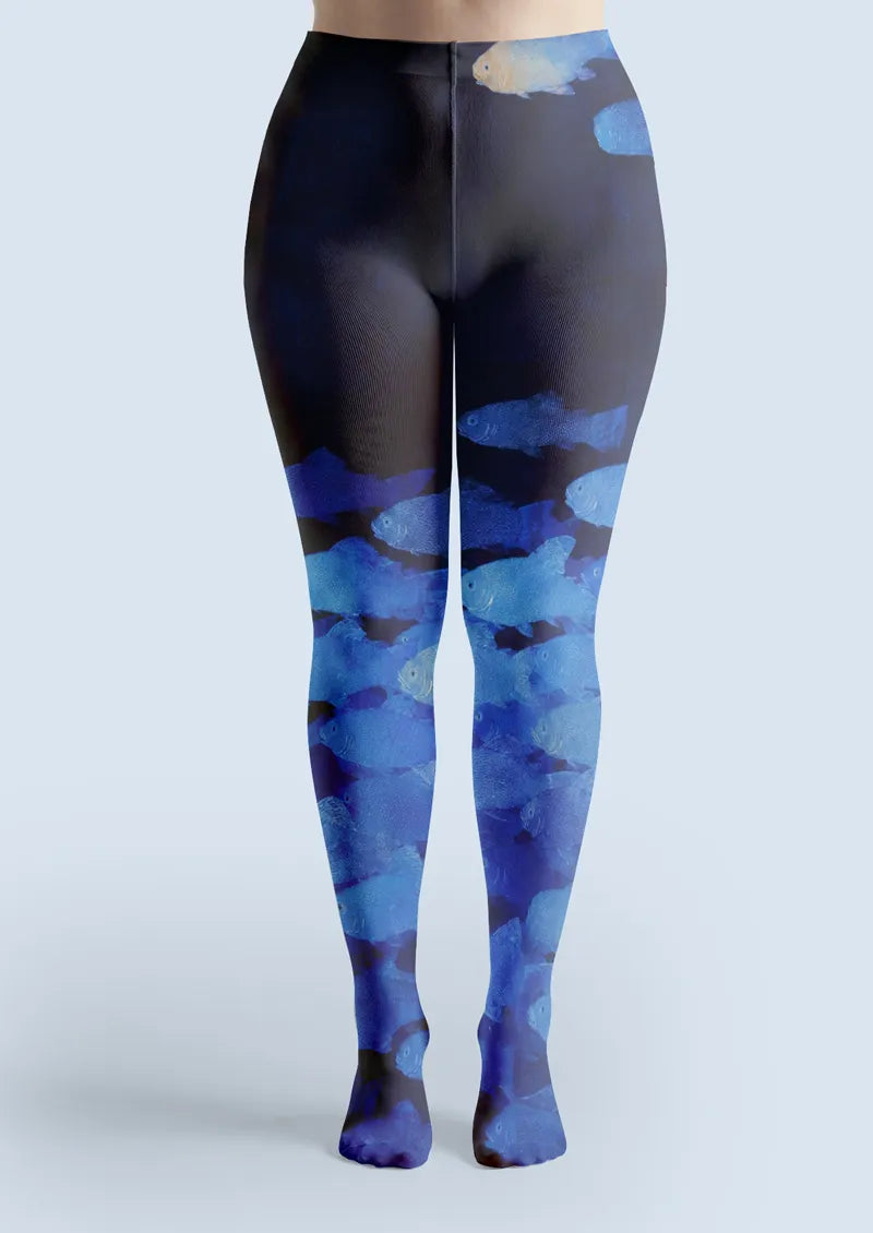 Navy Blue School of Fish Art Print Tights Hosiery Pantyhose