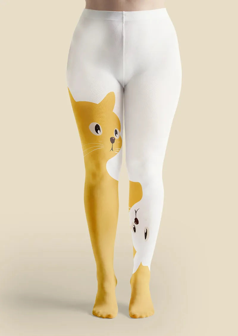 White Yellow Cat Duet Tights