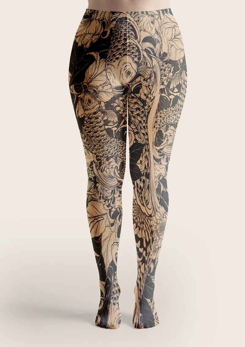 Monochrome Koi and Lotus Art Print Tights Hosiery Pantyhose