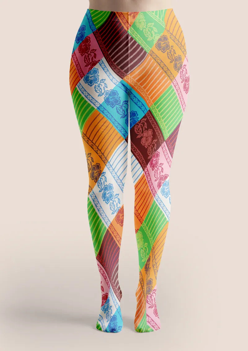Colorful Diagonal Stripe and Floral Patchwork Tights Hosiery Pantyhose