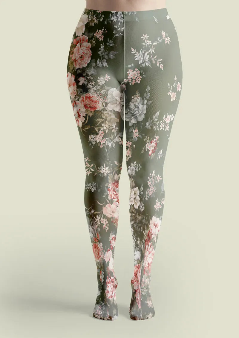 Olive Green Vintage Rose Floral Print Tights Hosiery Pantyhose