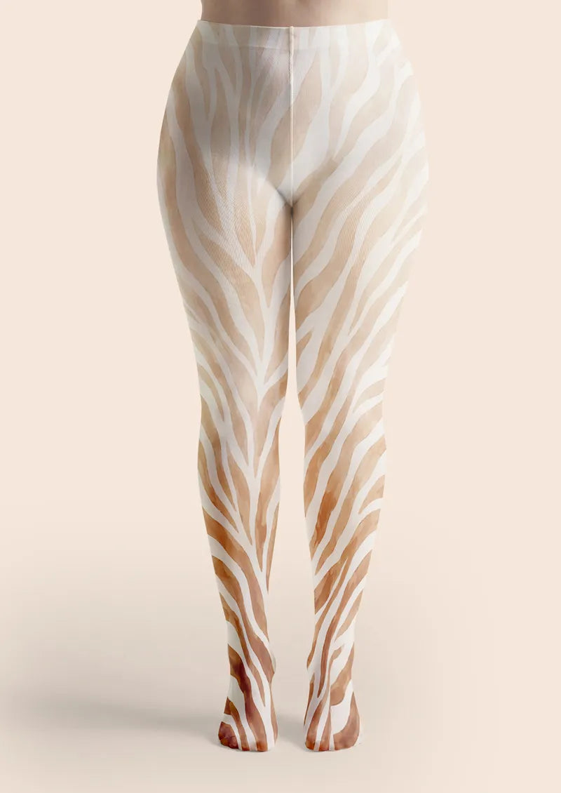 Neutral Zebra Stripe Animal Print Tights Hosiery Pantyhose