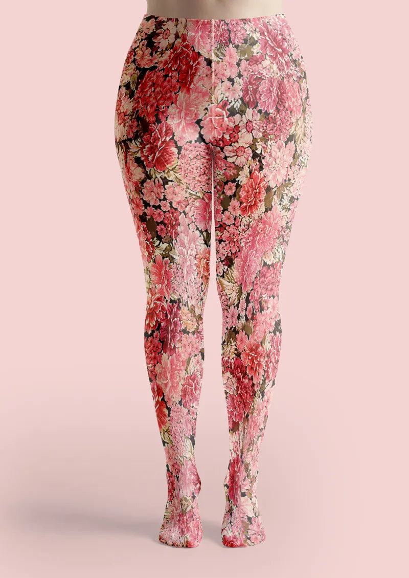 Dense Crimson Pink Floral Print Tights Hosiery Pantyhose