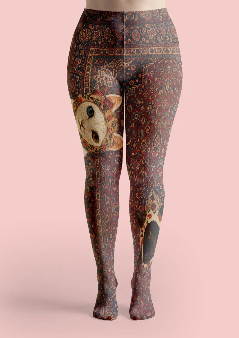 Two-Tone Black and White Cat Tapestry Print Tights Hosiery Pantyhose