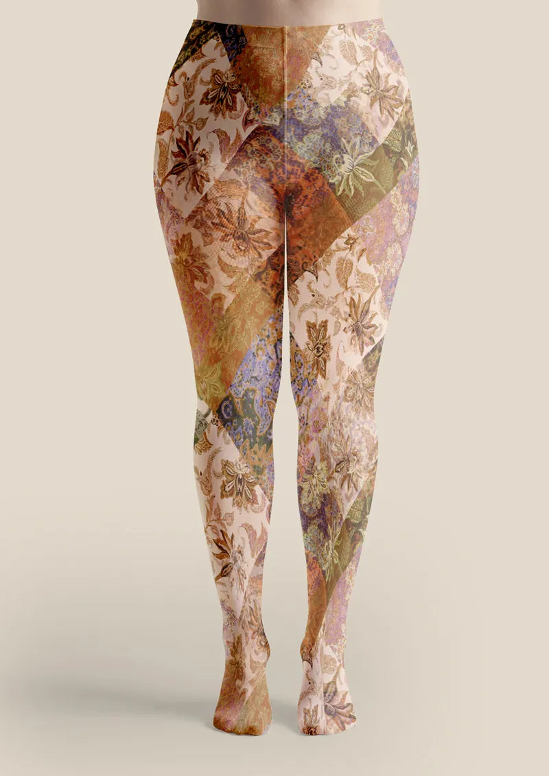 Ivory Gold Baroque Floral Tights Hosiery Pantyhose