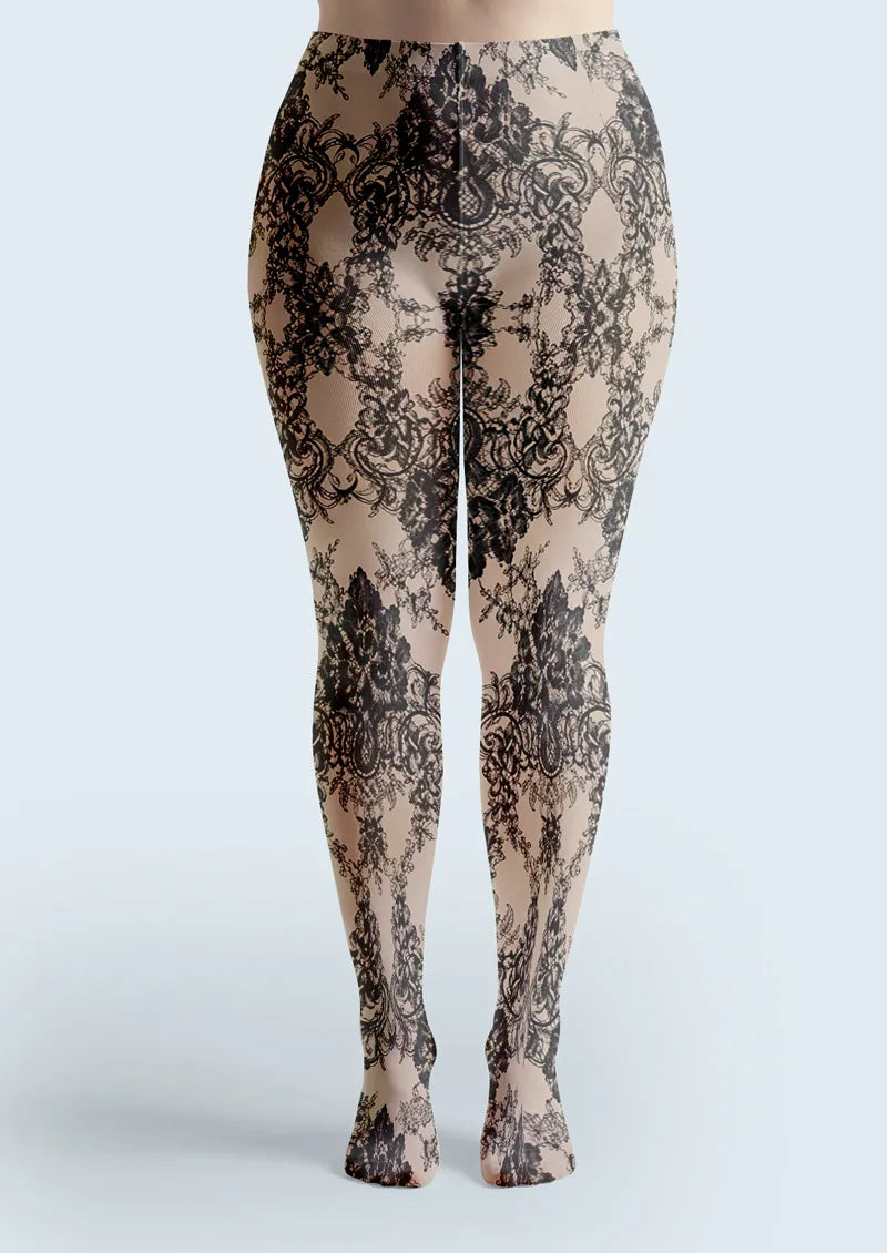 Black Ornamental Baroque Floral Print Tights Hosiery Pantyhose