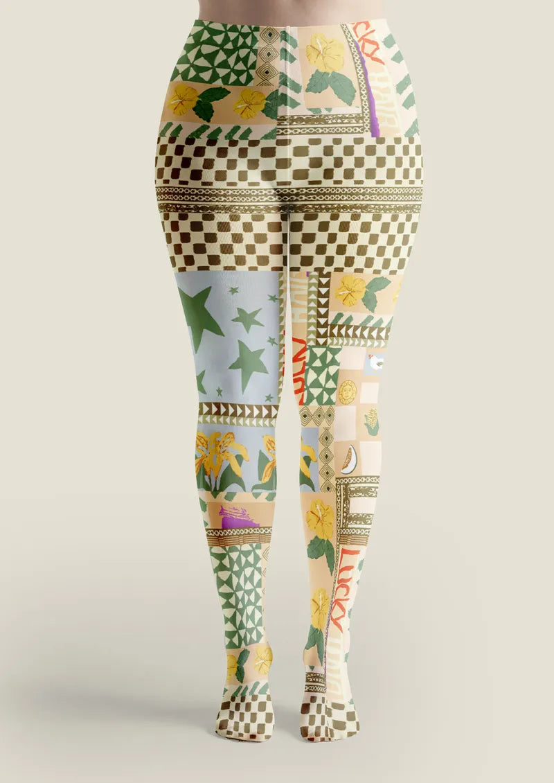 Boho Patchwork Folk Print Tights Hosiery Pantyhose