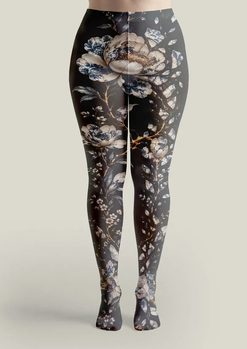 Black Blue Porcelain Floral Tights