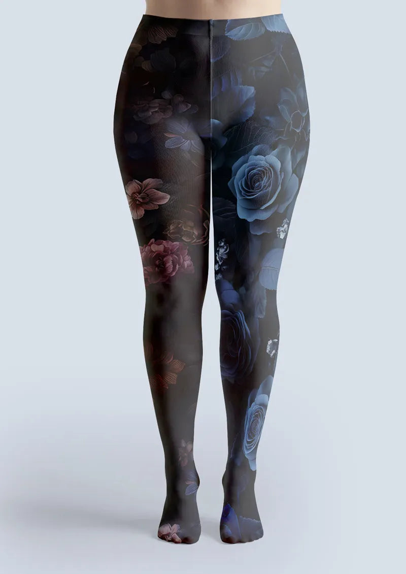 Dark Two-Tone Split Floral Print Tights Hosiery Pantyhose