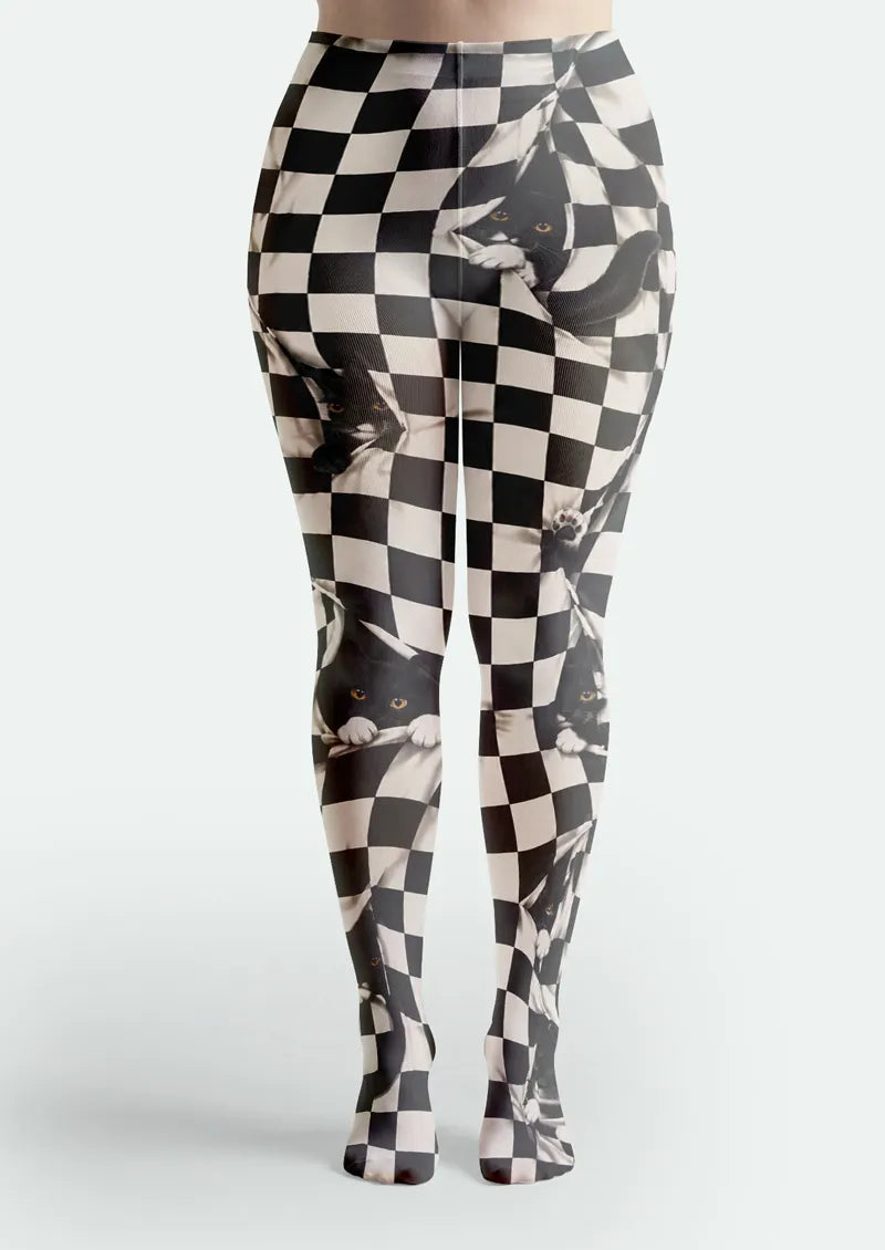 Black White Cat Checkerboard Tights