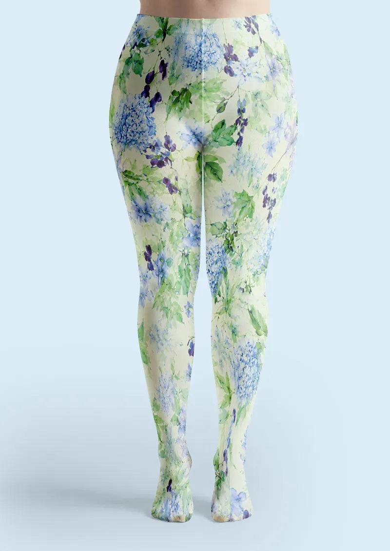 Blue Green Watercolor Floral Print Tights Hosiery Pantyhose