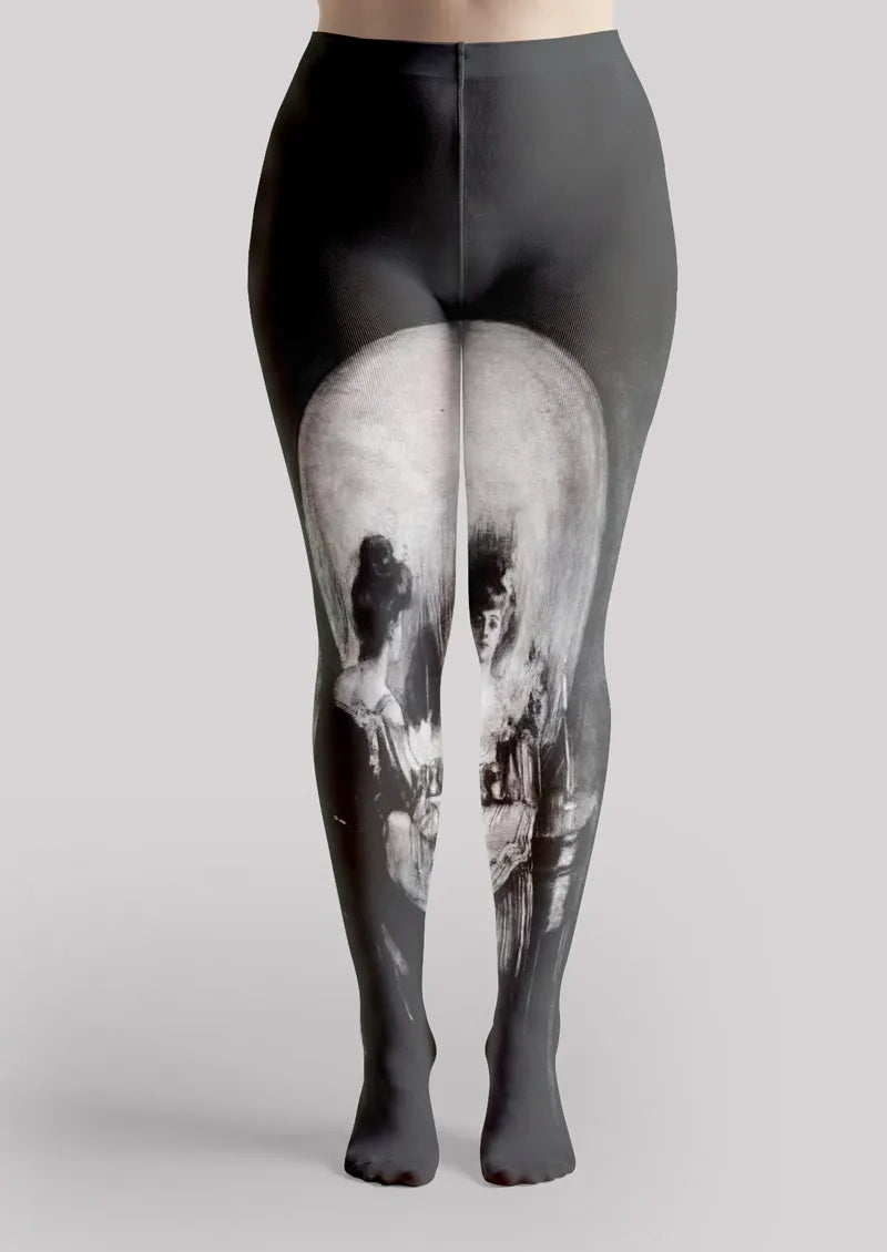 Black and White Painterly Portrait Print Tights Hosiery Pantyhose